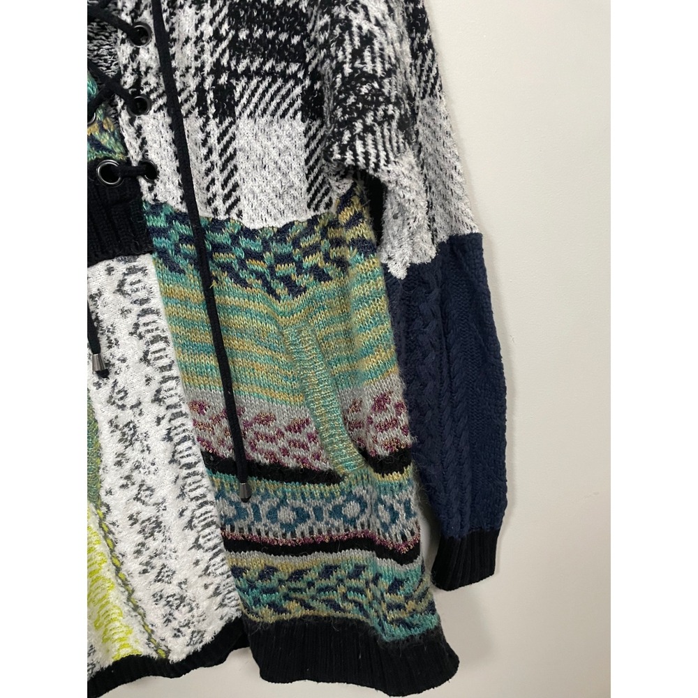 Free People Patchwork Knit Lace Up Wool Blend Sweater Size Small Boho Cozy - Picture 4 of 8